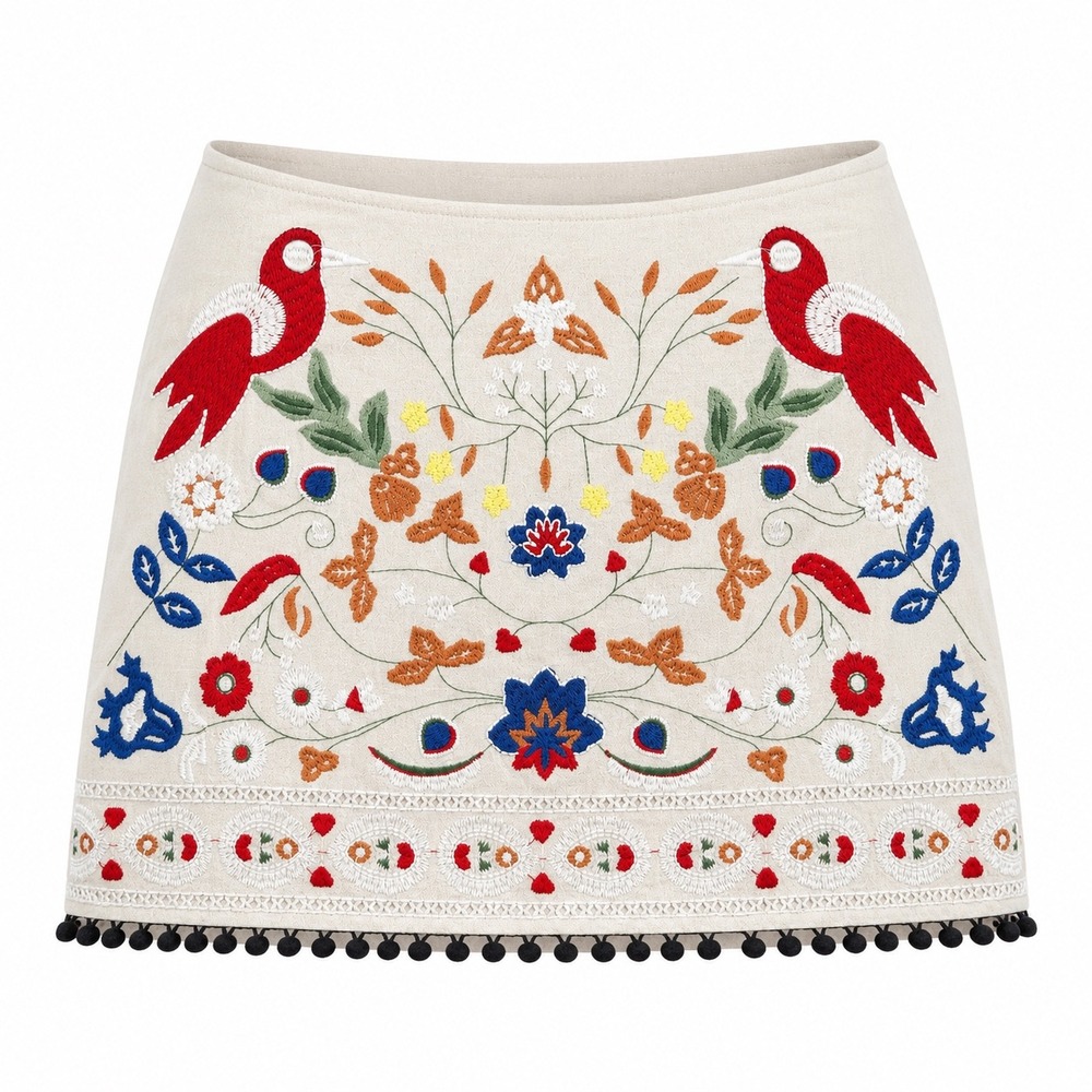 Altard State Embroidered Bird Floral Linen Blend Pom Pom Mini Skirt Medium artsy